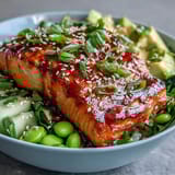 A vibrant Honey Sriracha Salmon Bowl featuring glazed salmon over jasmine rice, crisp veggies, and a drizzle of sriracha mayo.