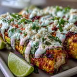 Smoky grilled corn topped with tangy Mexican crema, Cotija cheese, and fresh cilantro.