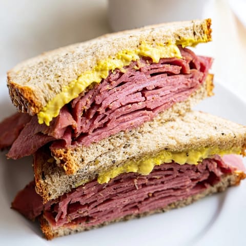 A classic Pastrami on Rye served with tangy yellow mustard and a crunchy dill pickle spear.