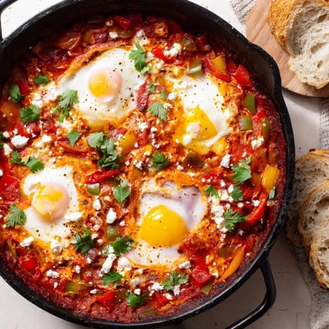 Hearty slices of crusty bread rest beside a cast-iron skillet of homemade Shakshuka, perfect for dipping into the rich, spicy sauce.