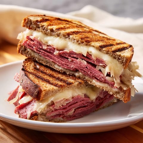 Classic Reuben Sandwich cut diagonally, revealing layers of corned beef, sauerkraut, and Russian dressing, served with chips.