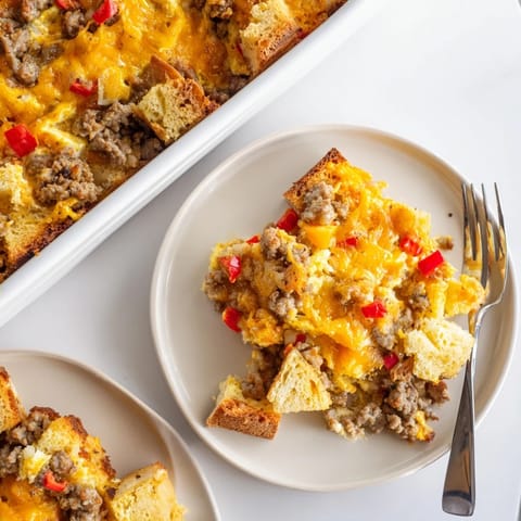 Sliced wedge of Breakfast Sausage Casserole revealing fluffy egg interior and perfectly browned sausage chunks on a white plate.