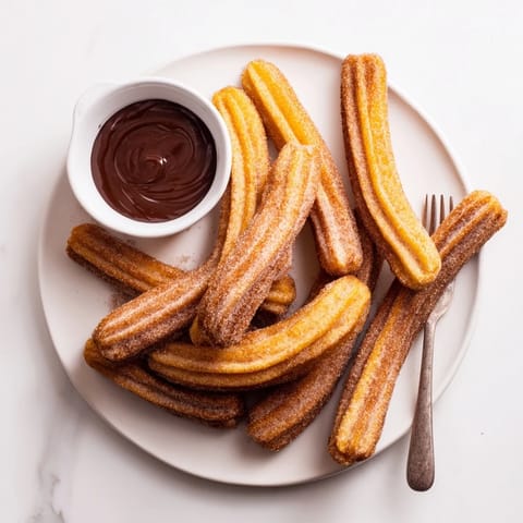 Golden-brown churros coated in cinnamon sugar, resting beside a small cup of rich chocolate dipping sauce.