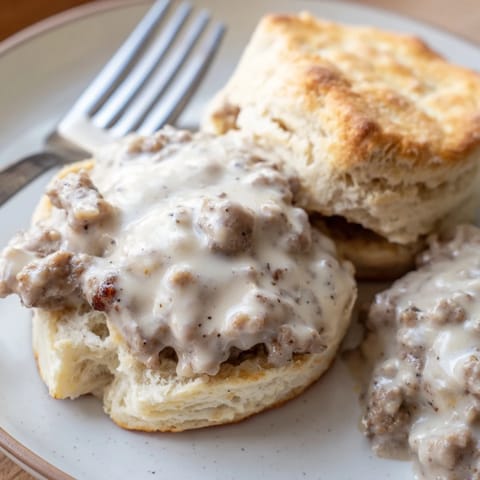 Golden-brown, flaky biscuits split and smothered in creamy, peppery sausage gravy for a hearty Southern breakfast.