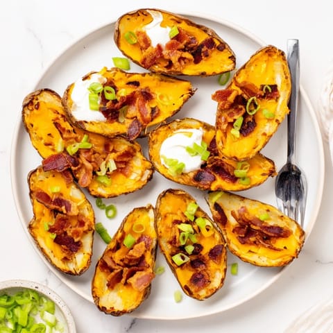Hearty American appetizer of crunchy potato halves filled with bubbly cheese and smoky bacon, served hot from the oven.