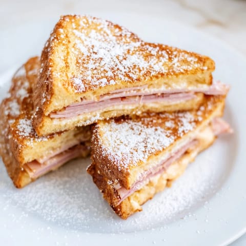 Steamy Monte Cristo sandwich oozing melted Swiss cheese and ham, with a side of sweet raspberry preserves. 