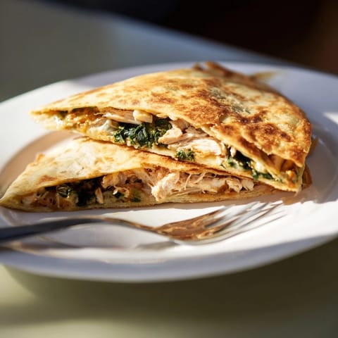 Close-up view of a cheesy Chicken and Spinach Quesadilla, showcasing the savory filling of tender chicken and wilted green spinach spilling from the crispy tortilla.