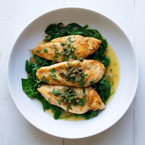 Golden, gluten-free Spinach Lemon Butter Chicken cutlets glisten with citrus butter, garnished with parsley on a bed of spinach.