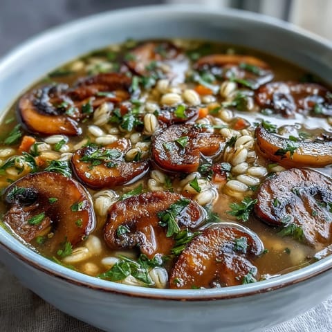 A warm bowl of Mushroom and Barley Soup, showcasing tender mushroom slices and chewy barley in a savory broth, topped with fresh parsley.