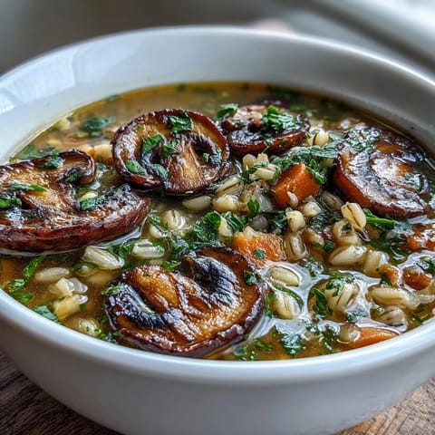 Hearty Mushroom and Barley Soup simmering in a pot, with golden-brown mushrooms, diced carrots, and fresh thyme for a comforting, earthy meal.