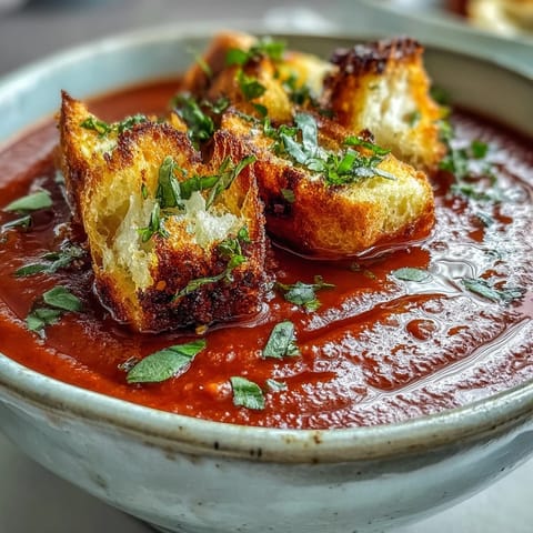 A comforting bowl of Roasted Tomato Soup With Crispy Croutons, featuring a bright red velvety texture topped with golden crunchy bread cubes.