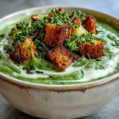 A bowl of creamy broccoli soup topped with chives and croutons on a rustic wooden table.