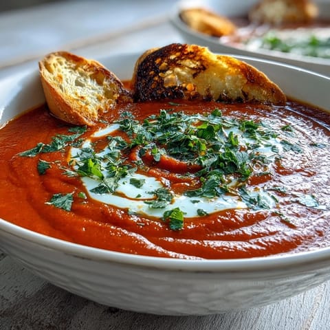 A bowl of vibrant roasted red pepper soup with caramelized garlic, topped with yogurt and herbs.  