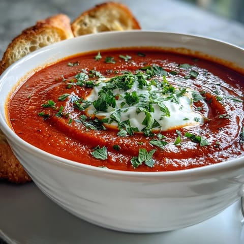 Silky roasted red pepper soup garnished with crème fraîche and fresh parsley, served beside crusty bread for dipping.  
