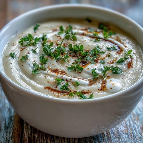 Velvety Celery Root Bisque in a white bowl, garnished with fresh chives and a swirl of cream, served warm.