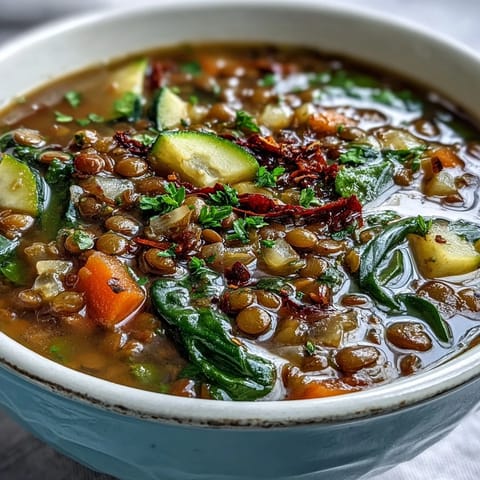Rustic pot of hearty Lentil Soup simmering with carrots, celery, spinach, and smoked paprika spices.
