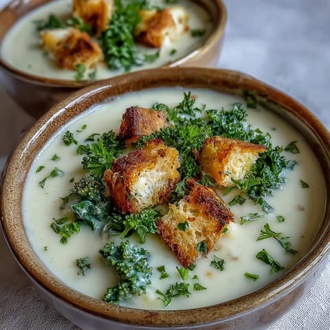 Creamy Cauliflower and Broccoli Soup with crunchy golden croutons and fresh parsley garnish, served steaming in a rustic bowl.