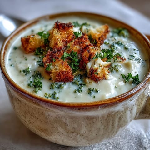A bowl of Cauliflower and Broccoli Soup topped with crispy croutons and herbs, a comforting vegetarian dinner for chilly evenings.