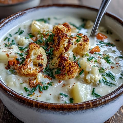 Steaming pot of Vegetarian Cauliflower Chowder with tender cauliflower, potatoes, and carrots on a rustic kitchen counter.