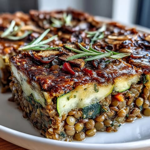 A close-up slice of Green Lentil and Vegetable Casserole revealing hearty lentils, carrots, zucchini, and spinach in a rich sauce.