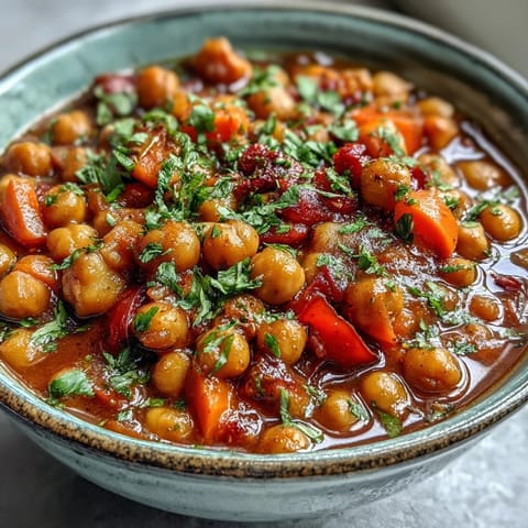 A bowl of Spicy Chickpea Stew topped with fresh cilantro, served with warm crusty bread for dipping.
