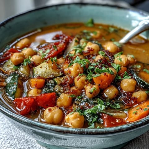 Hearty Chickpea Stew simmering with carrots and zucchini, steam rising in a cozy kitchen.
