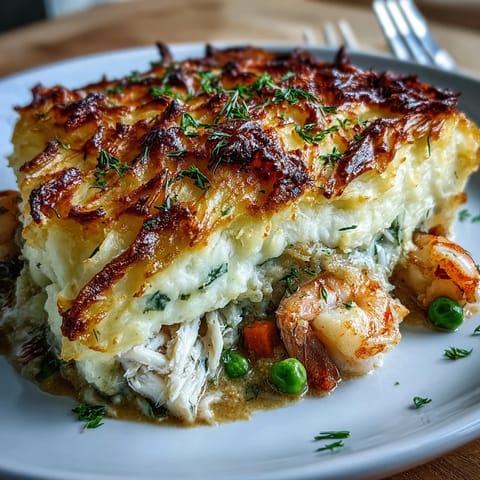Golden, crispy mashed potato tops a baking dish of creamy Curried Fish Pie with visible peas and shrimp.