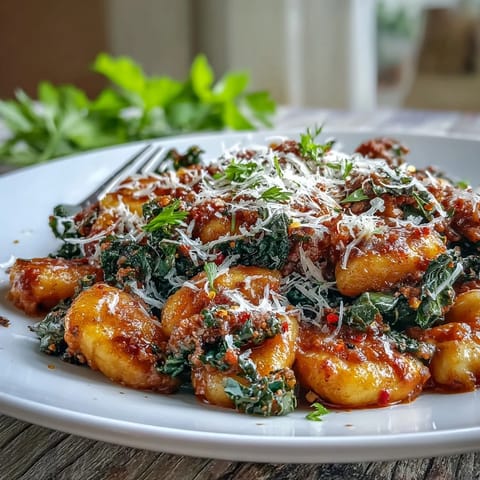 Hearty Sausage Gnocchi with kale in a rich red sauce, served in a white bowl with fresh basil and Parmesan.