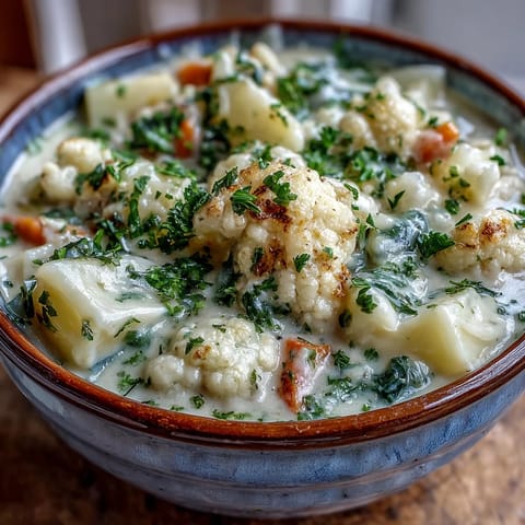 Creamy Vegetarian Cauliflower Chowder with sharp cheddar and fresh parsley in a rustic bowl.