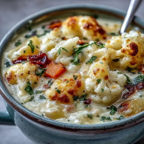 Chunky Vegetarian Cauliflower Chowder simmered with potatoes and carrots, served with crusty bread.