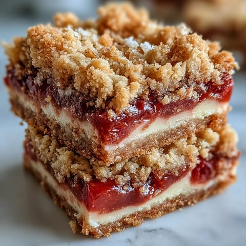Freshly baked Rhubarb and Custard Crumble Bars with a golden oat topping, showing vibrant pink rhubarb peeking through a creamy vanilla custard layer.