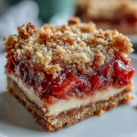 Chilled Rhubarb and Custard Crumble Bars on a rustic wooden table, cut to reveal layers of shortbread base, tangy rhubarb filling, and smooth custard.