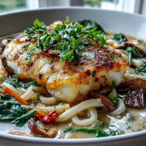 Perfectly cooked poached cod with spiced coconut broth and udon noodles, garnished with fresh cilantro and chili slices.