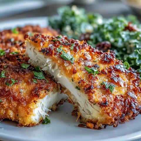 Golden almond-crusted chicken served alongside a marinated kale and sumac salad with fresh cherry tomatoes and red onion.