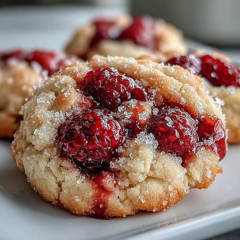 Freshly baked Soft Chewy Raspberry Sugar Cookies cooling on a wire rack, fluffy centers, vibrant raspberry specks, beside a bowl of extra berries.