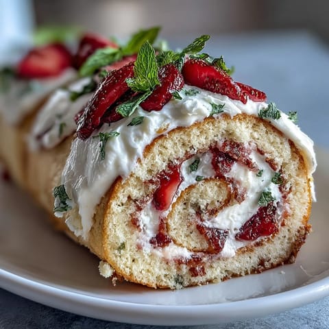 A close-up of sliced Strawberry Shortcake Sushi Roll reveals creamy layers and ruby berries, perfect for a whimsical, elegant dessert platter.