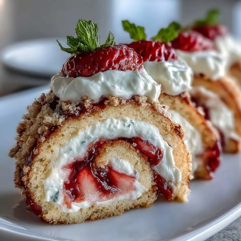 Golden crepes rolled with airy sponge cake, whipped cream, and fresh strawberries create this Strawberry Shortcake Sushi Roll, drizzled with white chocolate.