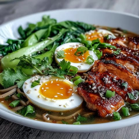 Steaming Healthy Miso Chicken Noodle Bowls feature sliced chicken, soba noodles, and bok choy in a savory broth topped with soft-boiled eggs.