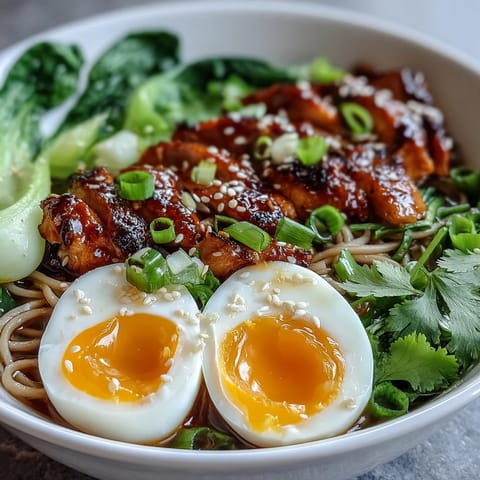 A close view of Healthy Miso Chicken Noodle Bowls garnished with sesame seeds and scallions, served with chili oil and nori strips.