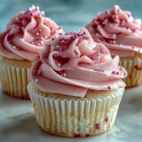 Four Pink Velvet Cupcakes with Vanilla Buttercream Frosting are displayed on a white ceramic plate with fresh berries.