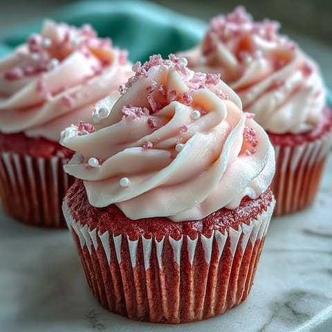 Softly lit Pink Velvet Cupcakes with Vanilla Buttercream Frosting topped with edible pearls on a marble slab.