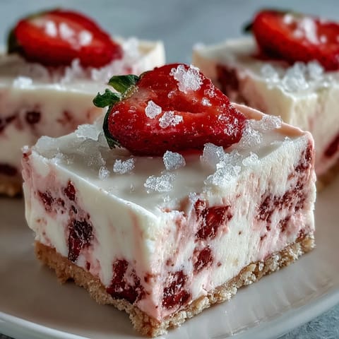 Vivid pink No-Bake Strawberry Fudge Squares topped with fresh strawberry slices rest on a white plate, showcasing their creamy texture.
