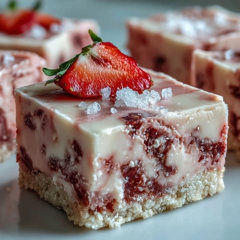 Smooth white chocolate No-Bake Strawberry Fudge Squares are lifted from a glass pan, revealing a buttery graham cracker crust underneath.