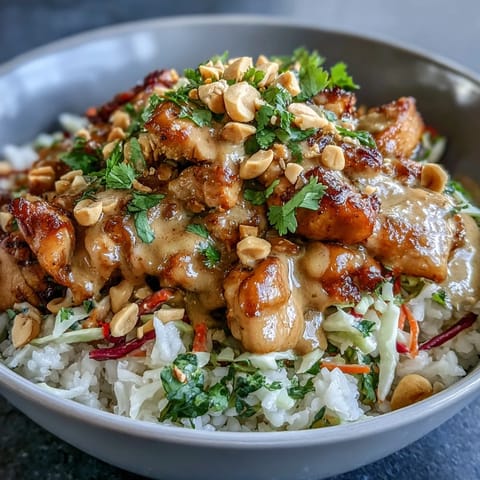 Sautéed chicken and crisp vegetables sit atop fluffy coconut rice in this vibrant Peanut Chicken Protein Bowl, drizzled with creamy peanut sauce.