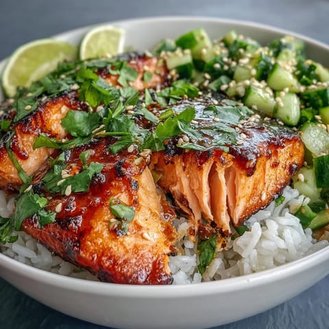 Flaky baked salmon with bang bang sauce over a vibrant bowl of jasmine rice and cucumber-edamame salsa, garnished with lime.