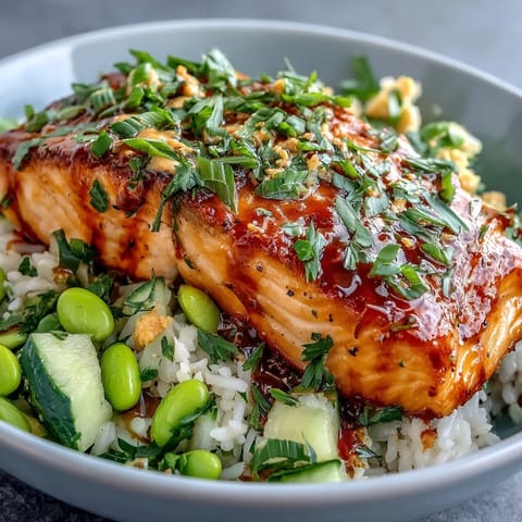 Fulfilled Bang Bang Salmon Bowl drizzled with creamy sauce and topped with fresh cucumber-edamame salsa served over fluffy rice.