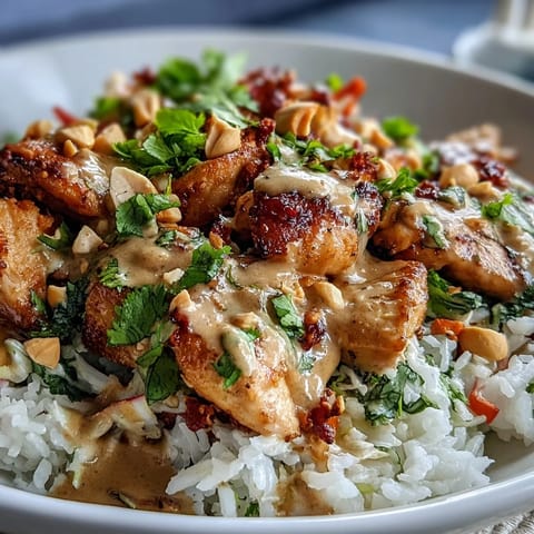 Hot sautéed chicken and crunchy red cabbage sit atop fluffy coconut rice in a vibrant Peanut Chicken Protein Bowl, ready to eat.