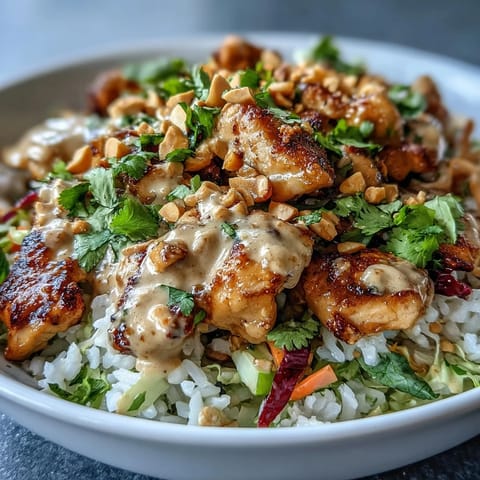 A fresh Peanut Chicken Protein Bowl packed with shredded carrots and cilantro, finished with a creamy Thai-inspired peanut drizzle for lunch.