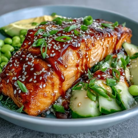 Pan-fried Honey Sriracha Salmon Bowl with fluffy rice, avocado, cucumber, and edamame topped with spicy mayo.