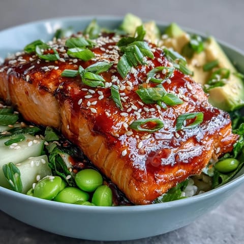 A vibrant Honey Sriracha Salmon Bowl featuring glazed salmon over jasmine rice, crisp veggies, and a drizzle of sriracha mayo.